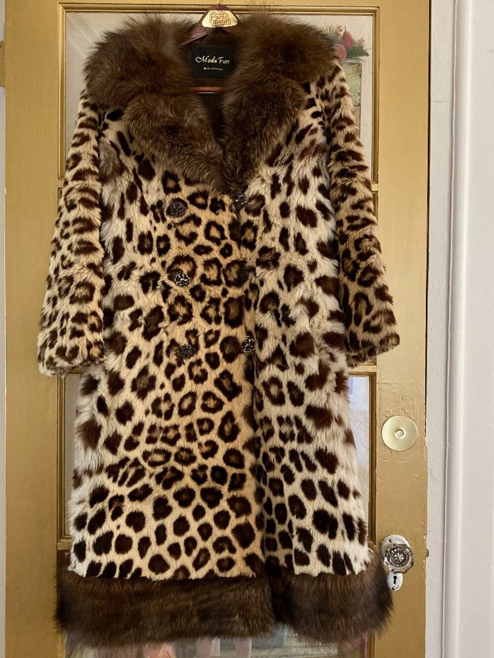 Vintage Leopard Print Fur Coat mink fisher marten sable trim XS S